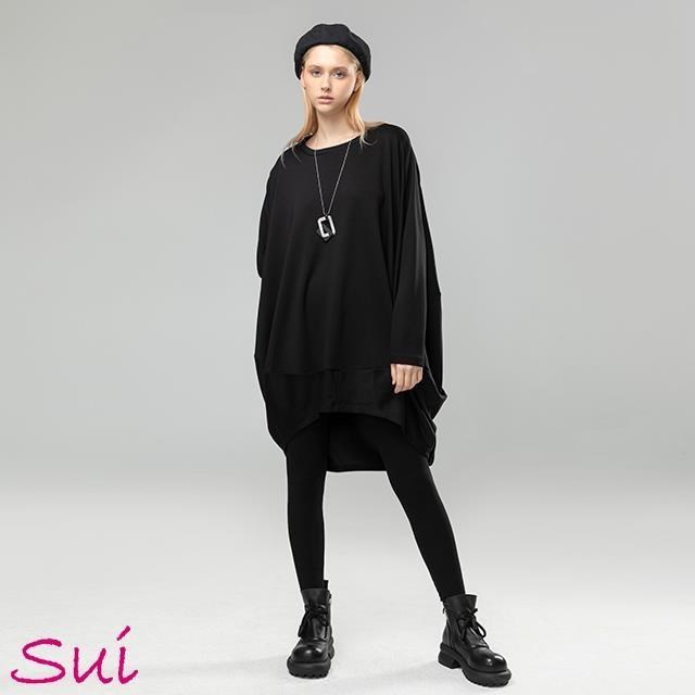 Sui服飾 圓領前短後長洋裝-黑