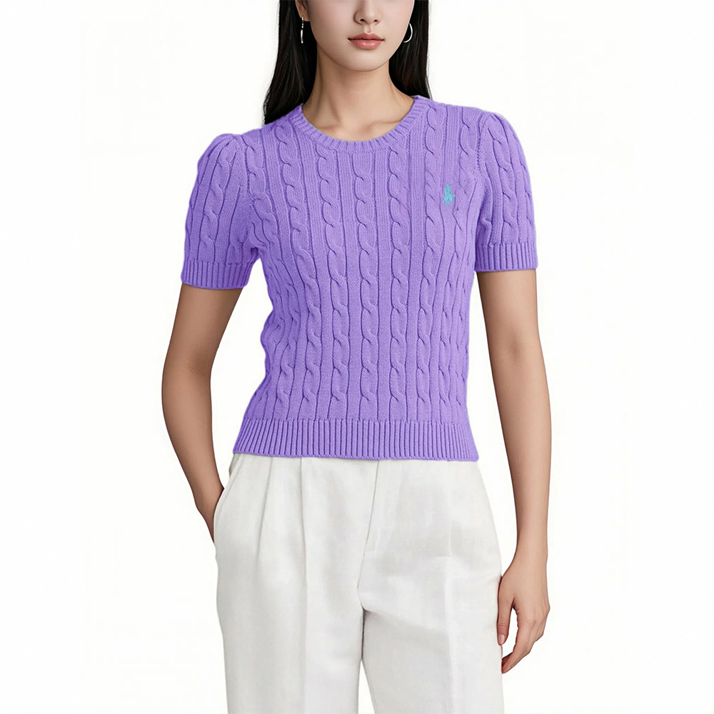 RALPH LAUREN POLO 熱銷圓領刺繡小馬短袖麻花毛衣(女)-淺紫色