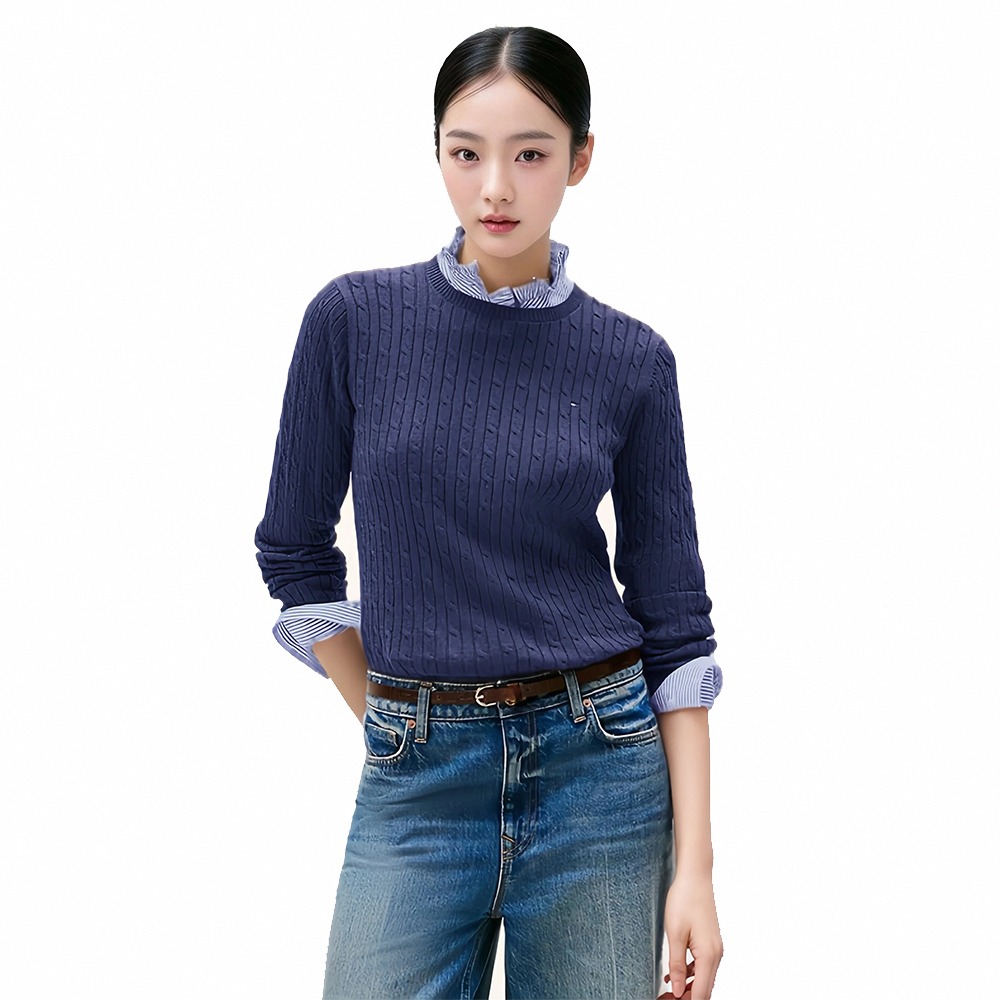 Tommy Hilfiger 熱銷圓領Logo麻花針織毛衣(女)-深藍色
