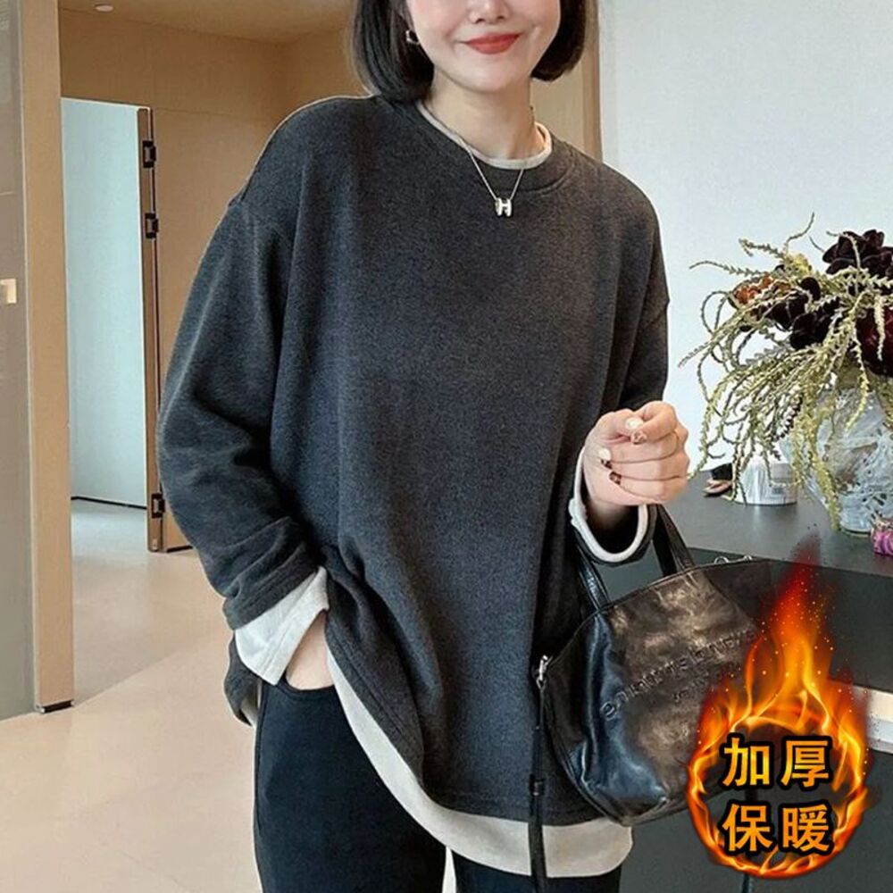 AKARA 韓系爆款隨性寬版風保暖假兩件長袖上衣(M-3XL/保暖德絨/中大碼)