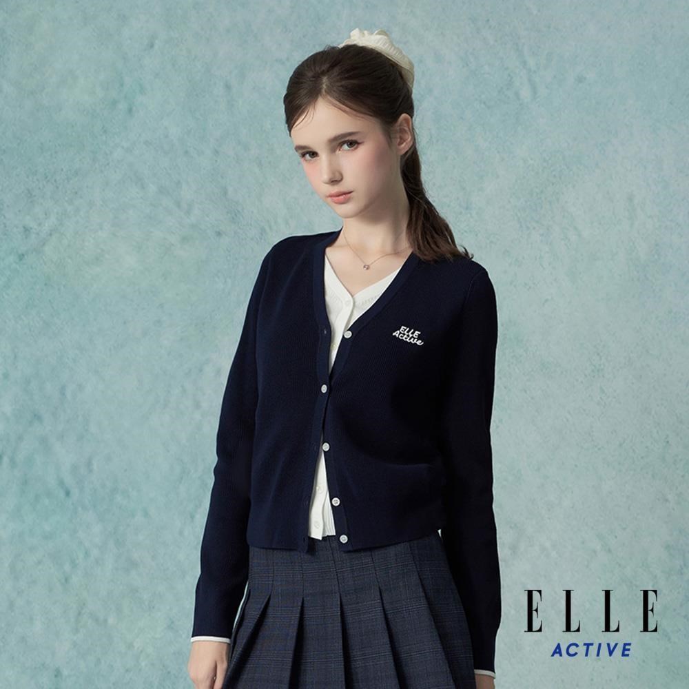 ELLE ACTIVE 假兩件V領單排釦長袖開襟針織衫-深藍 EA25A1W550239
