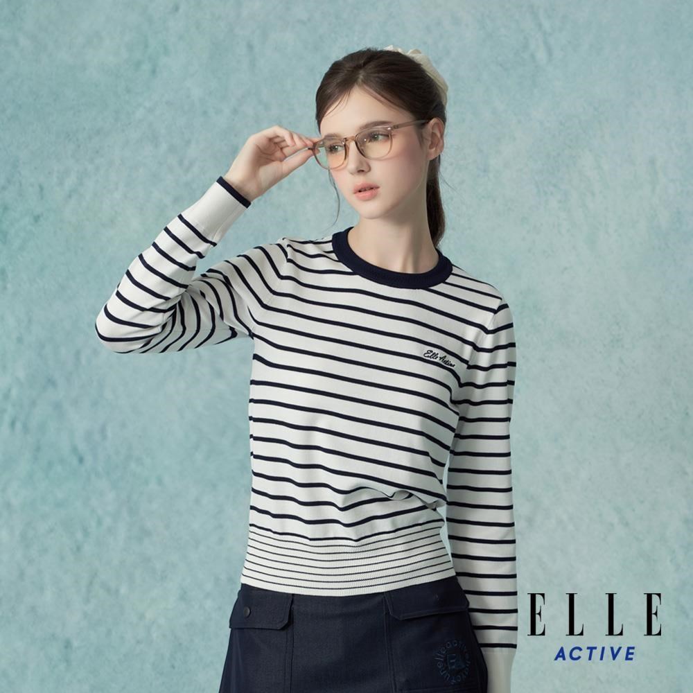ELLE ACTIVE 迷你法式條紋圓領長袖針織衫-白  EA25A1W540290