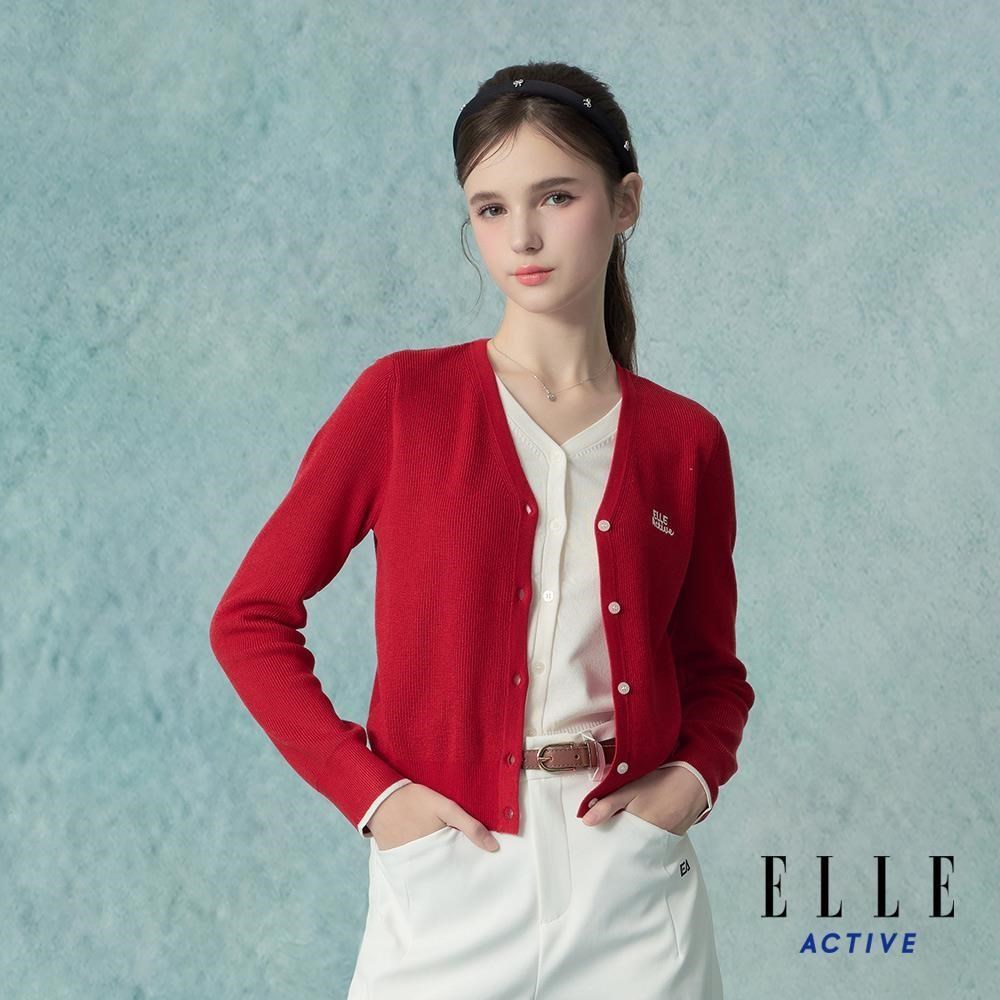 ELLE ACTIVE 假兩件V領單排釦長袖開襟針織衫-紅 EA25A1W550275