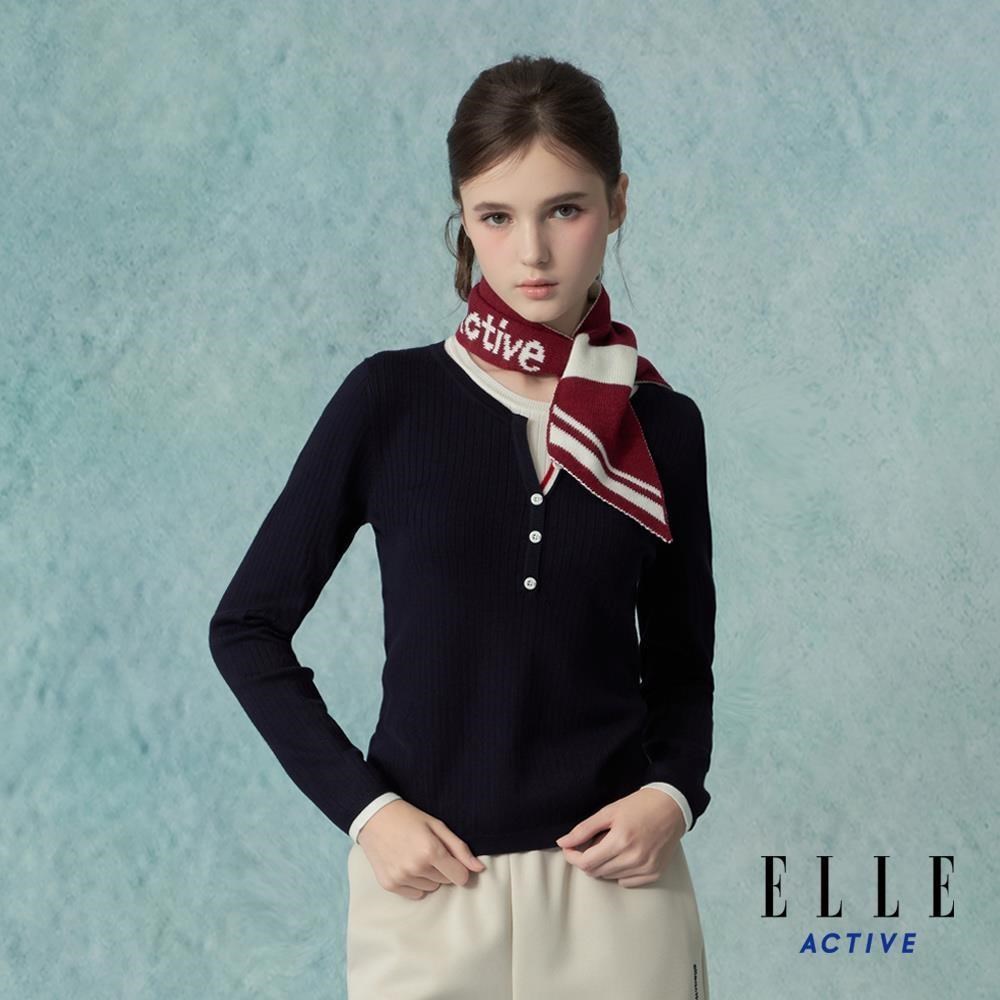 ELLE ACTIVE 亨利領假兩件修身長袖針織衫-深藍 EA25A1W540339