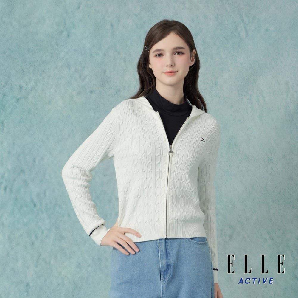 ELLE ACTIVE 混紡麻花連帽針織開襟外套-白 EA25A1W550390