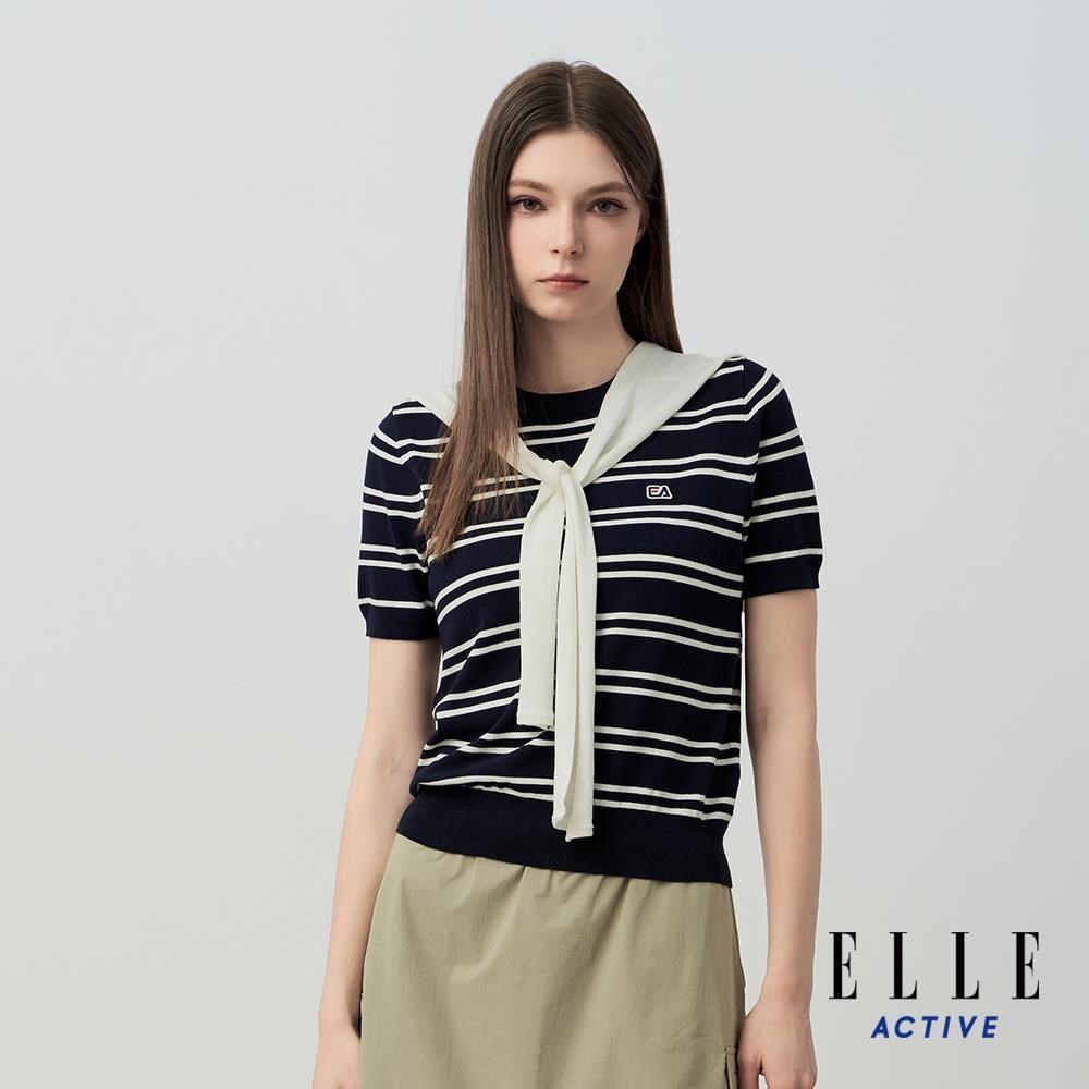 ELLE ACTIVE 女裝 學院風條紋短袖針織上衣-深藍 EA26S1W5102-39