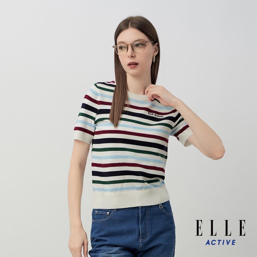 ELLE ACTIVE 女裝 撞色條紋針織短袖上衣-白 (EA26S1W5104-90)