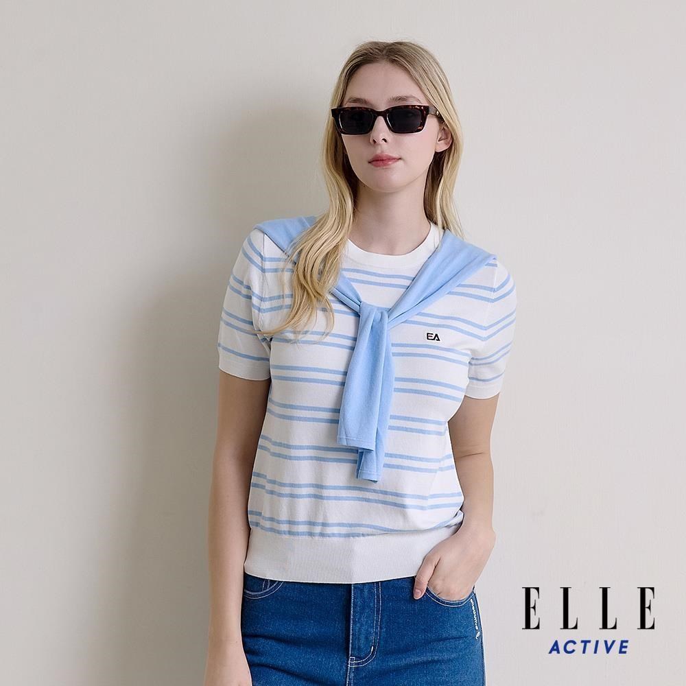 ELLE ACTIVE 女裝 學院風條紋短袖針織上衣-淺藍 (EA26S1W5102-31)
