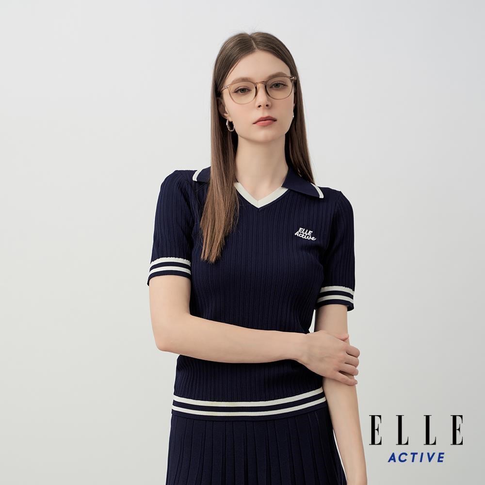ELLE ACTIVE 女款 撞色V領針織上衣-深藍 (EA26S1W5101-39)