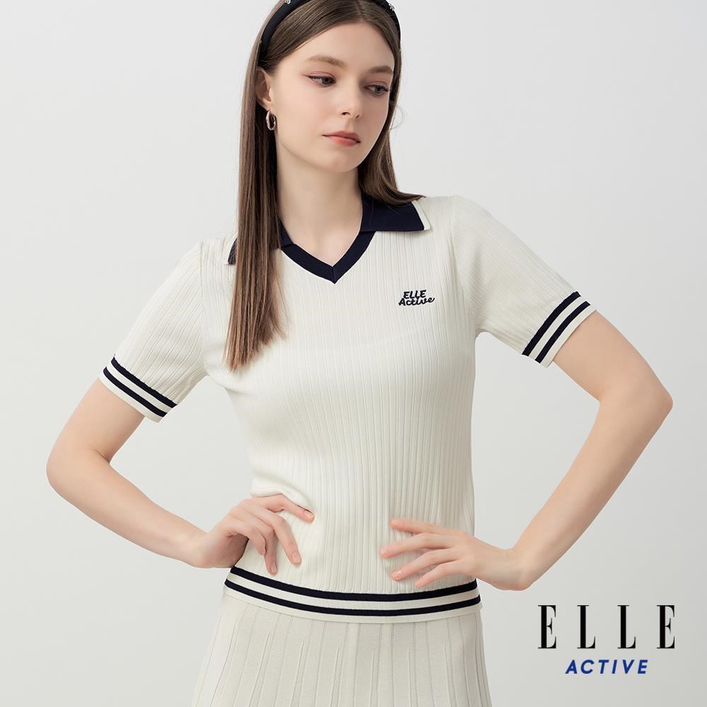 ELLE ACTIVE 女裝 撞色V領針織上衣-白 (EA26S1W5101-90)