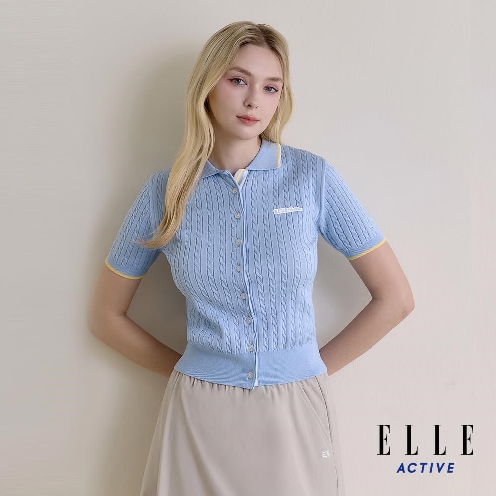 ELLE ACTIVE 女裝 開襟排釦麻花針織短袖上衣-淺藍 EA26S1W5108-31