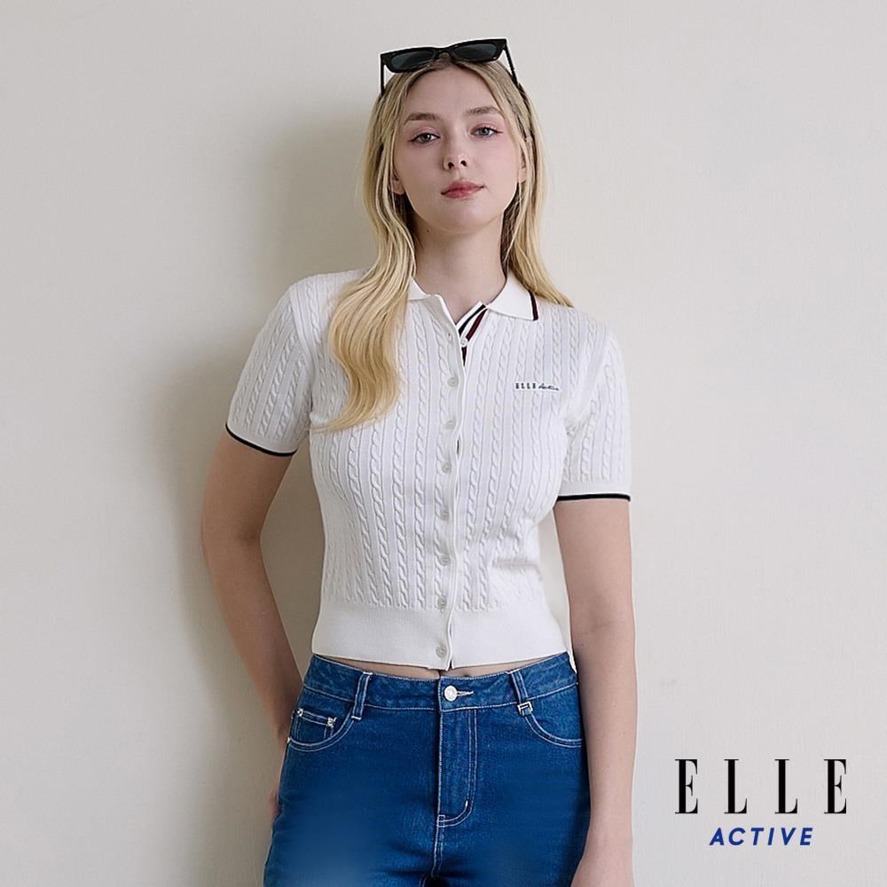 ELLE ACTIVE 女裝 開襟排釦麻花針織短袖上衣-白 EA26S1W5108-90