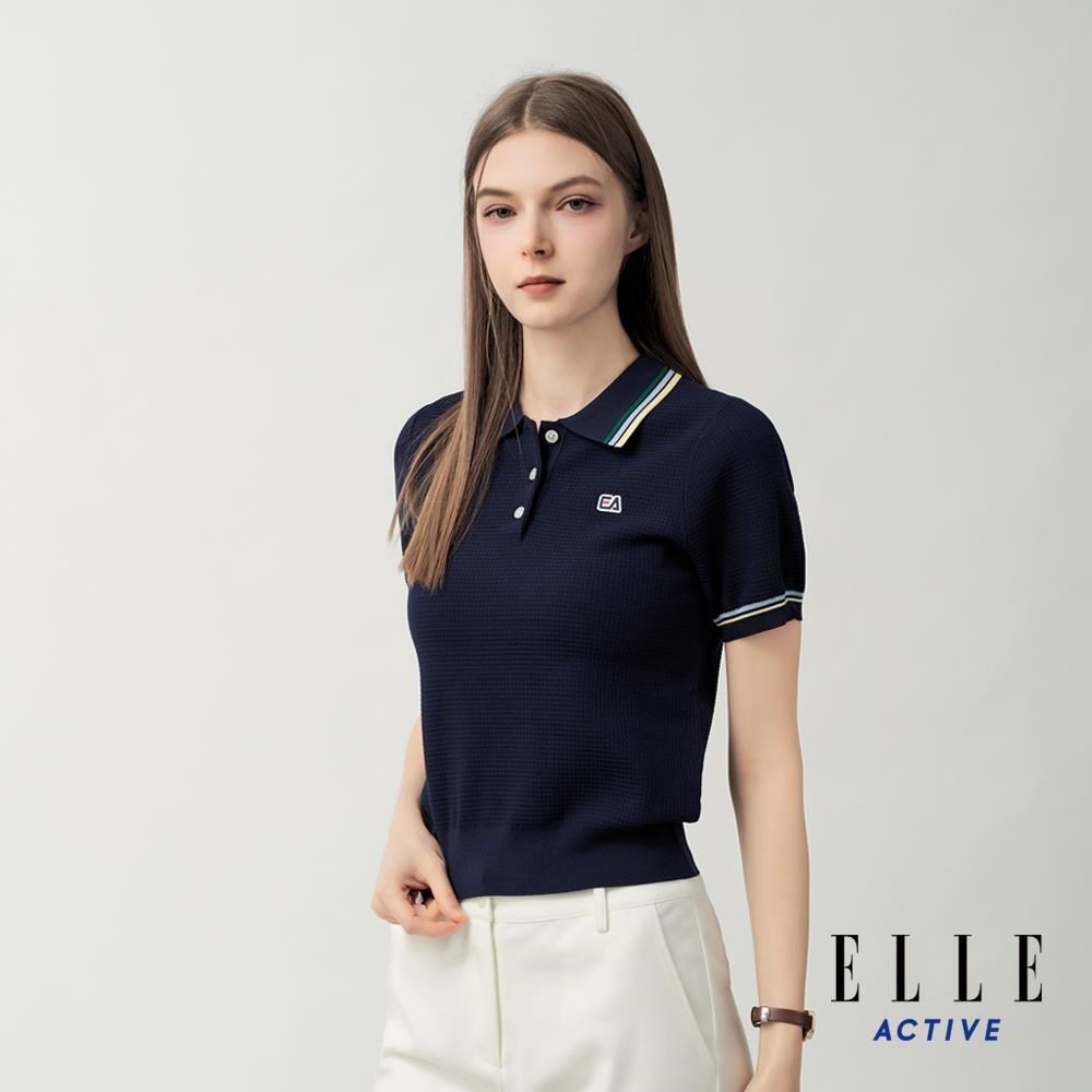 ELLE ACTIVE 女款 撞色領口翻領短袖針織上衣-深藍色 (EA26S4W5105-39)