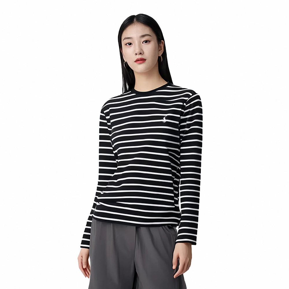RALPH LAUREN POLO 熱銷刺繡小馬素面長袖T恤-黑白橫條紋色(PIMA棉)