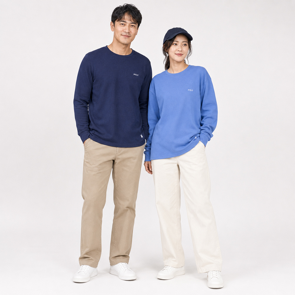RALPH LAUREN POLO 熱銷刺繡文字下擺小馬素面長袖T恤-水藍色