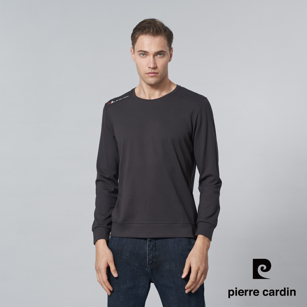 Pierre Cardin 皮爾卡登 男裝 人造棉混紡微彈性素色圓領長袖T恤-深灰色 (5245260-96)