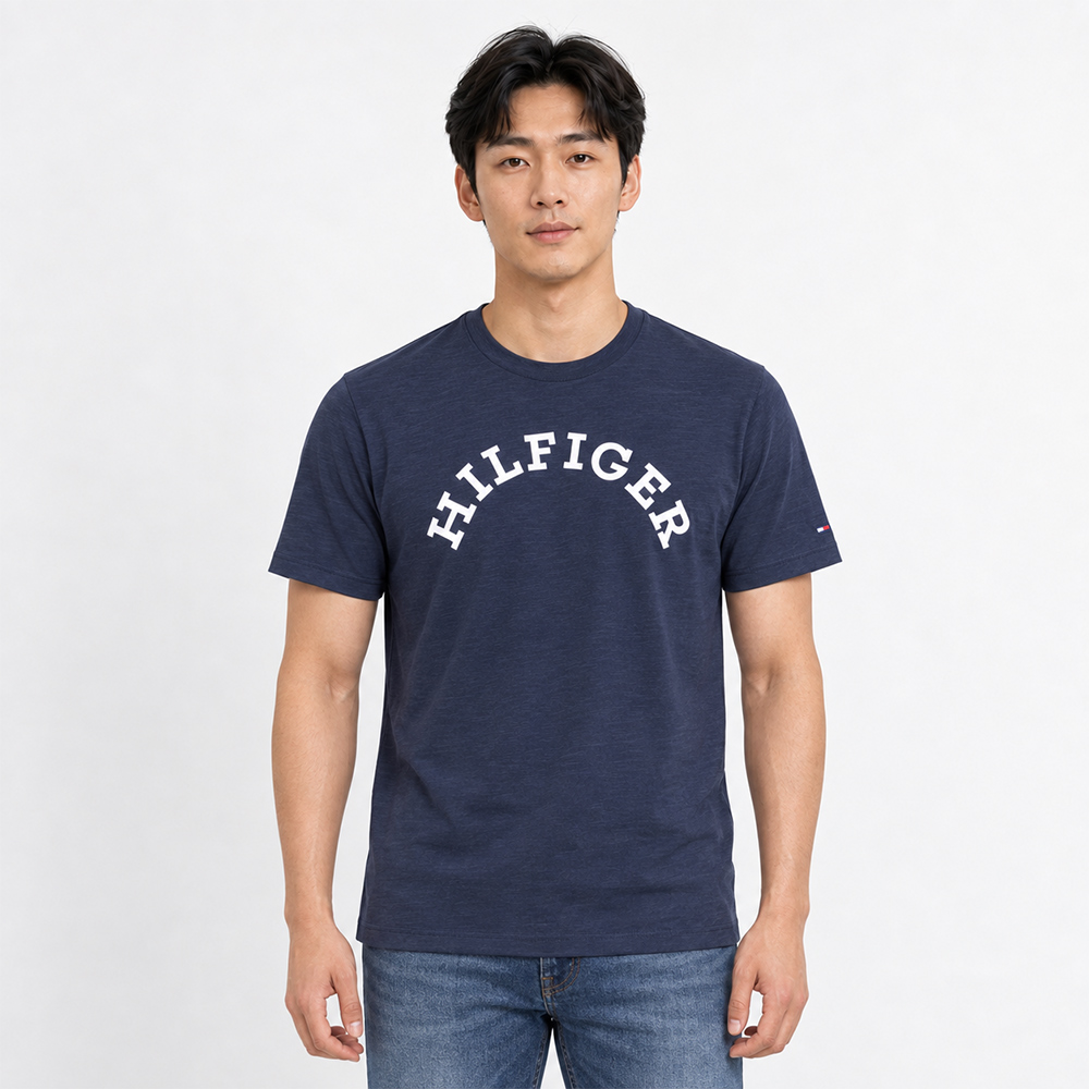 Tommy Hilfiger 熱銷刺繡文字Logo圖案短袖T恤-麻花深藍色