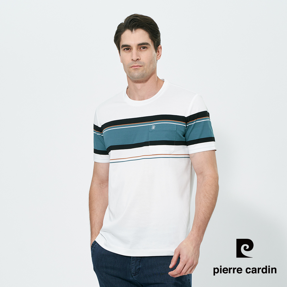 Pierre Cardin 皮爾卡登 男款 抗菌消臭定位橫條短袖圓領T恤-白色 (5257283-90)