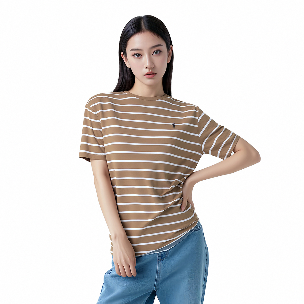 RALPH LAUREN POLO Polo Ralph Lauren RL 熱銷刺繡小馬素面短袖T恤(針織款)-卡其白橫條紋色
