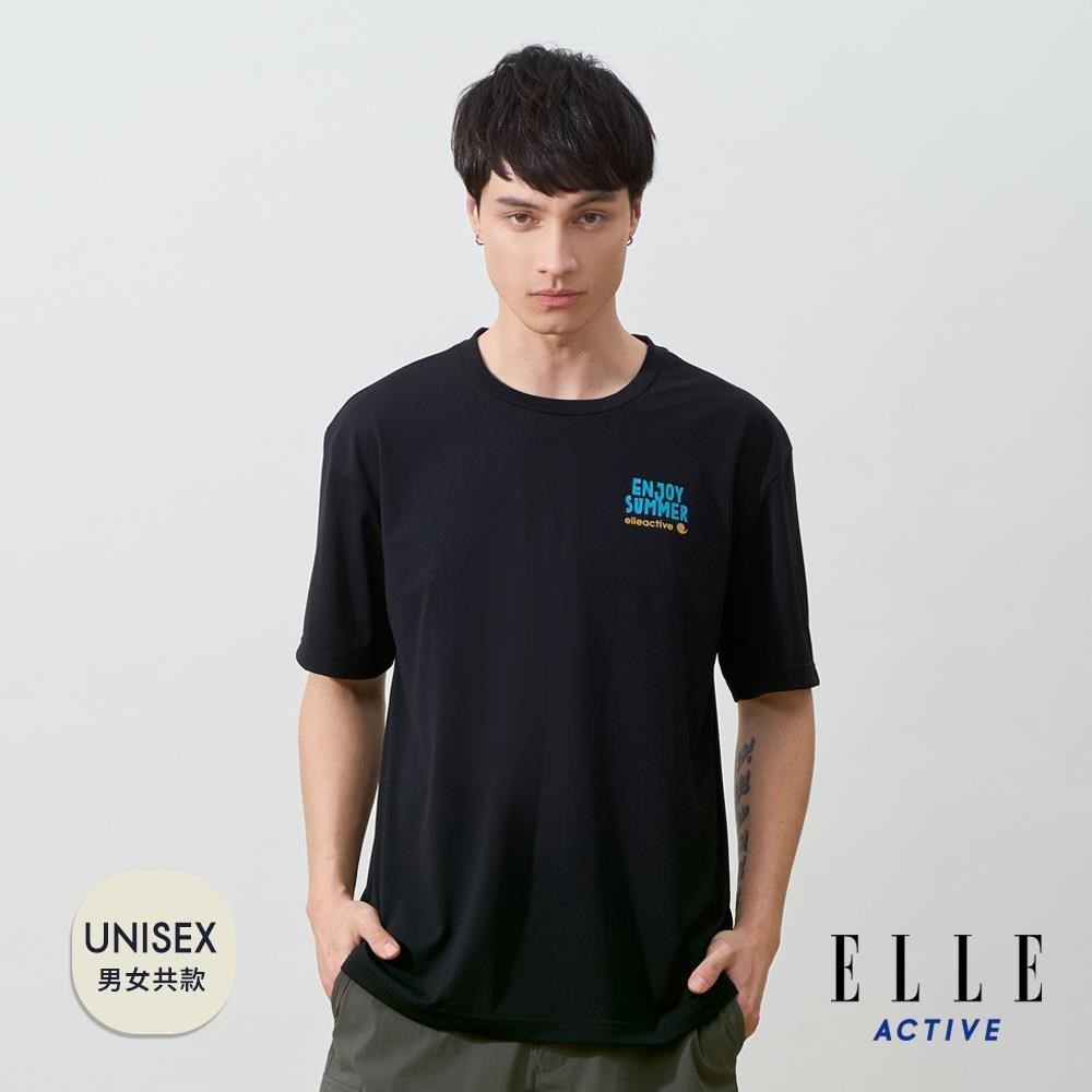 ELLE ACTIVE 男女共款 享受夏日雙面印花寬鬆版圓領短袖T恤-黑色 (EA25S2F1602-99)