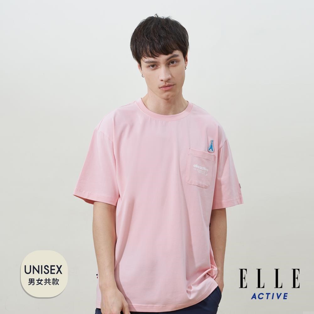 ELLE ACTIVE 男女共款 可愛繡章貼布前口袋寬鬆版短袖T恤-粉紅色 (EA25S2F1611-71)