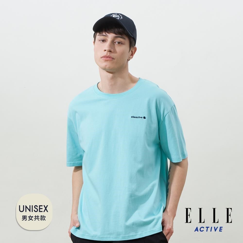 ELLE ACTIVE 男女共款 標語印花純棉寬鬆版圓領短袖T恤-湖水藍 (EA25S2F1610-42)