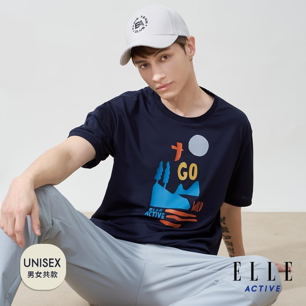 ELLE ACTIVE 男女共款 山系YAMA森林印花寬鬆版短袖上衣-深藍色 (EA25S2F1603-39)