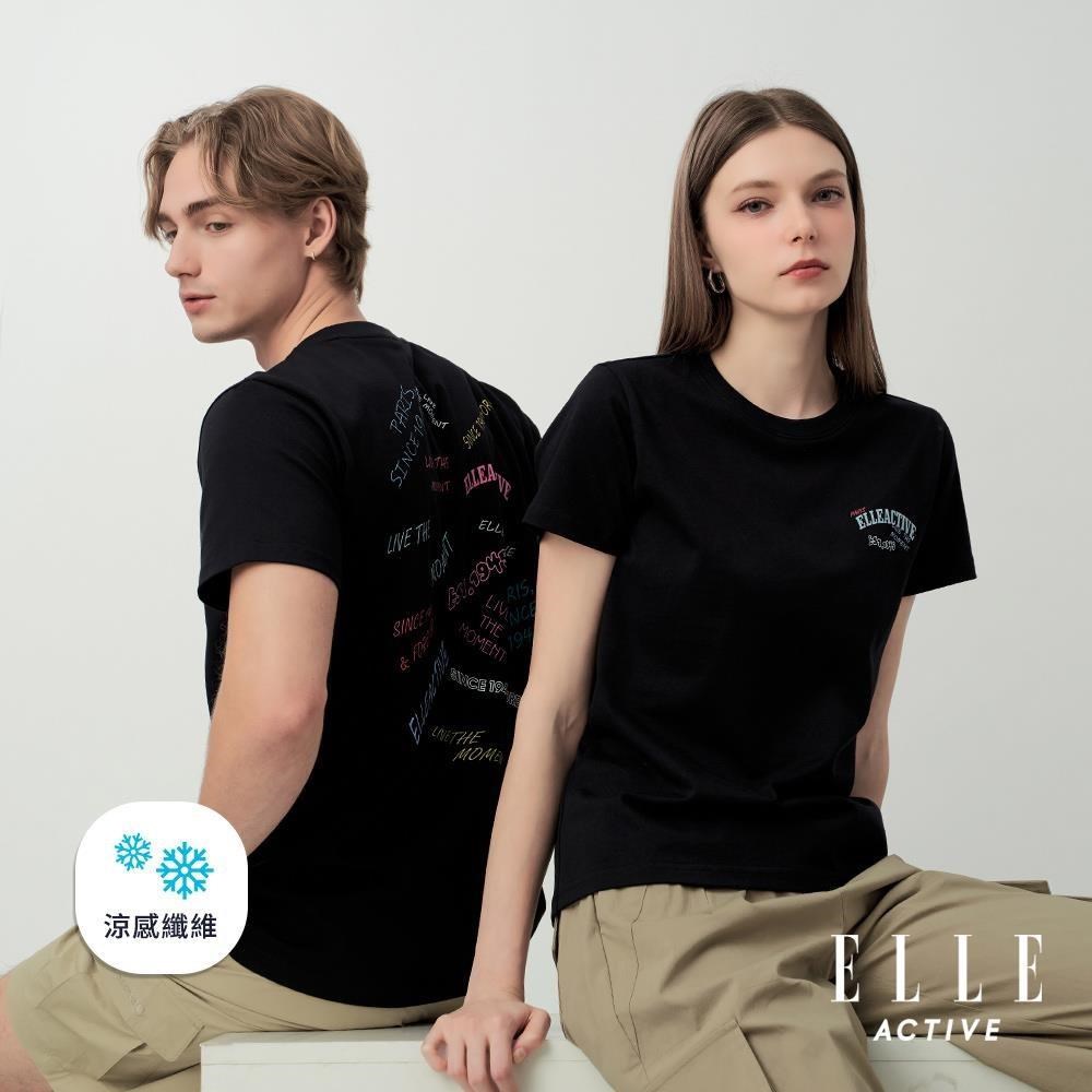 ELLE ACTIVE 男女同款 涼感機能美式塗鴉寬鬆版圓領短袖T恤-黑色 (EA26S2F1601-99)