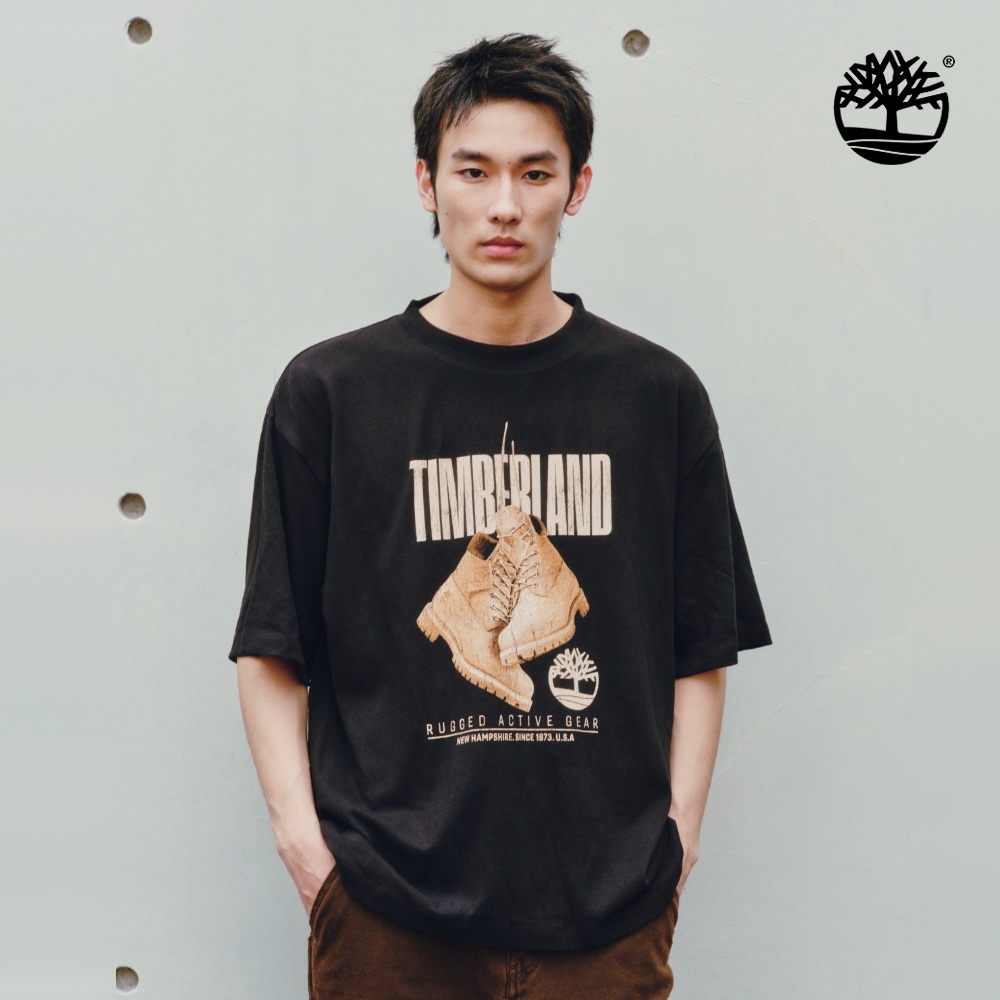 Timberland 男款黑色寬版厚磅黃靴圖案短袖T恤｜A5TH7001