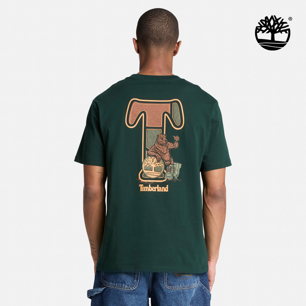 Timberland 男款灰綠色厚磅T字背面圖案短袖T恤|A5TSYEA1