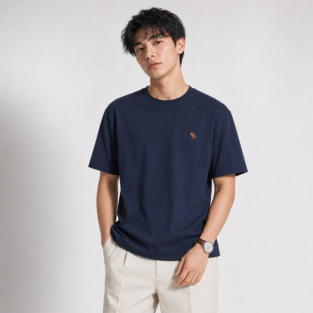 Abercrombie & Fitch A&F 麋鹿 熱銷圓領彩小鹿素面短袖T恤-深藍色