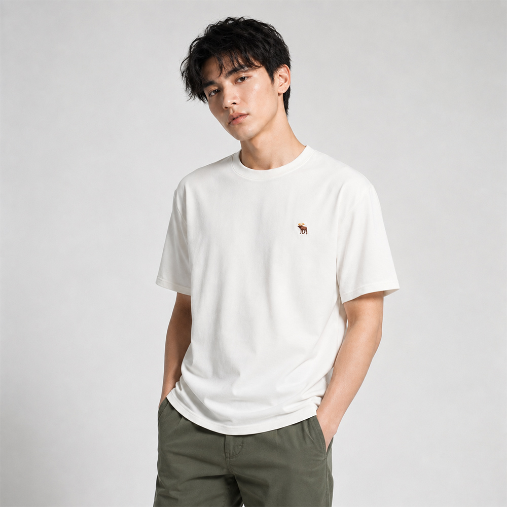 Abercrombie & Fitch A&F 麋鹿 熱銷圓領彩小鹿素面短袖T恤-白色