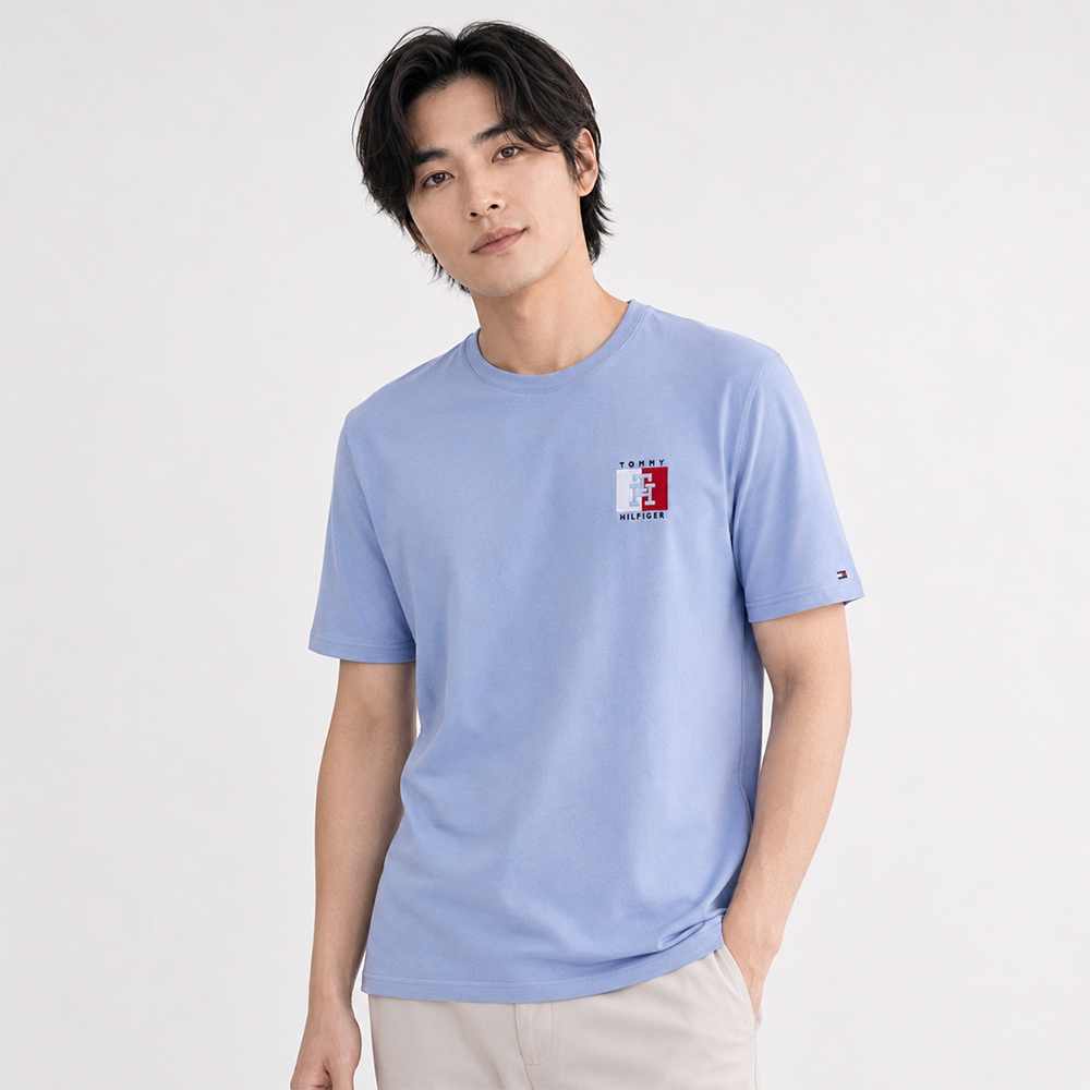 Tommy Hilfiger 熱銷刺繡文字圖案短袖T恤-水藍色