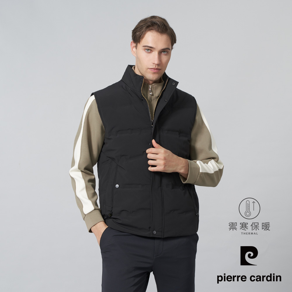 Pierre Cardin 皮爾卡登 男裝 都會休閒壓暗紋羽絨背心-黑色 (5245372-99)