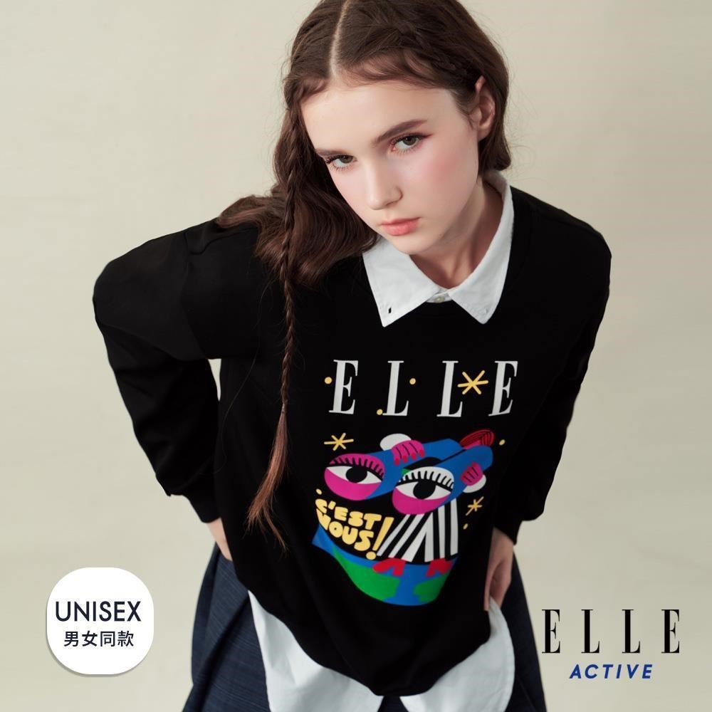 ELLE ACTIVE 男女共款 80週年 繽紛圖騰印花大學T恤-黑色 (EA25A2F1404-99)