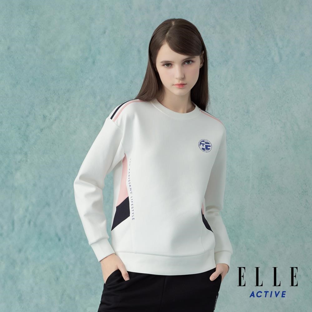 ELLE ACTIVE 空氣感三明治拼接圓領大學T-白 EA25A1W140690