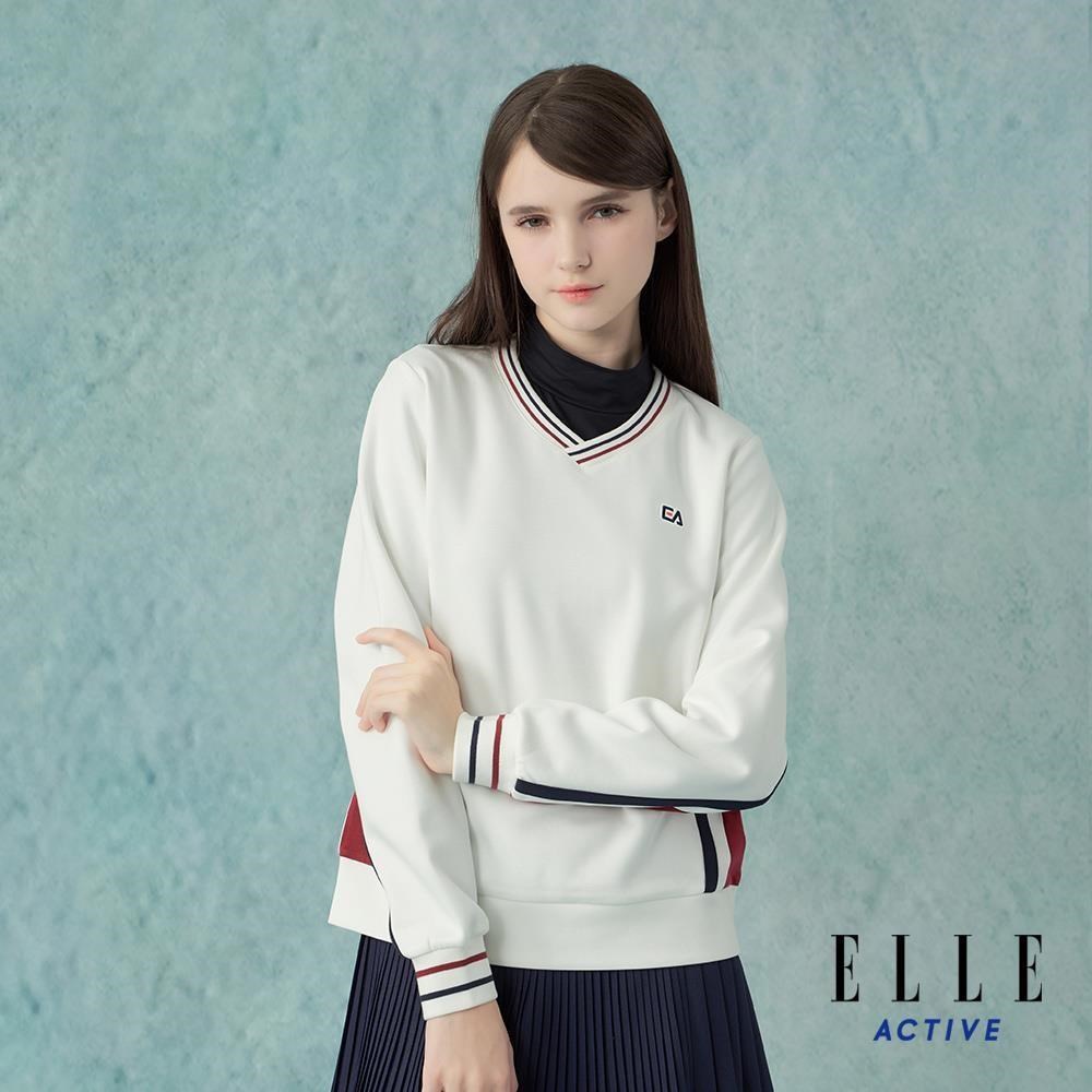 ELLE ACTIVE 美式學院風拼接V領大學T-白 EA25A1W140590
