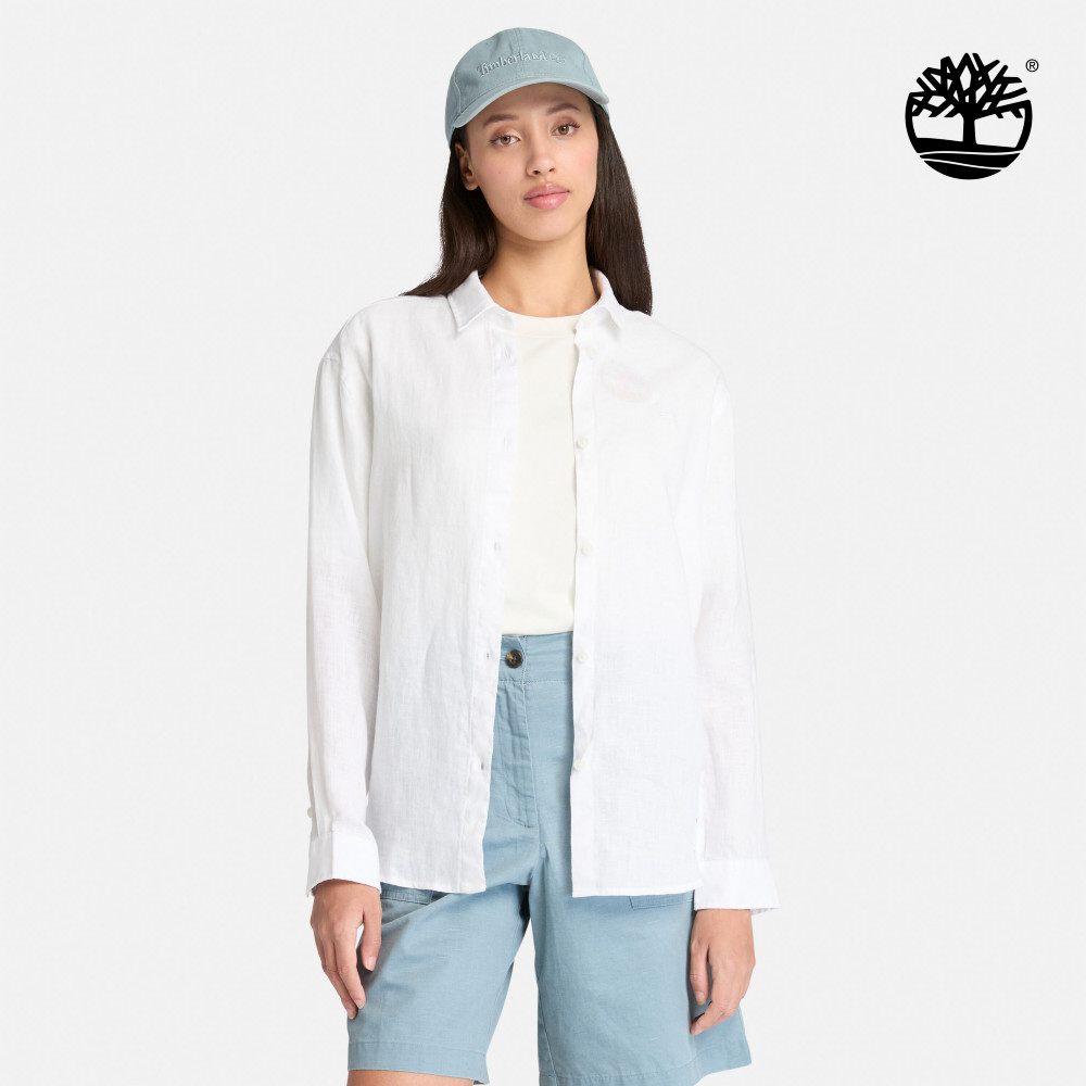 Timberland 女款白色寬版亞麻長袖襯衫|A67N7100