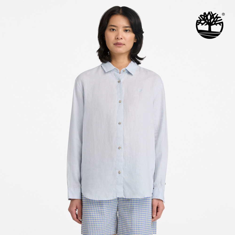 Timberland 女款灰色寬版亞麻長袖襯衫｜A67N7A7E