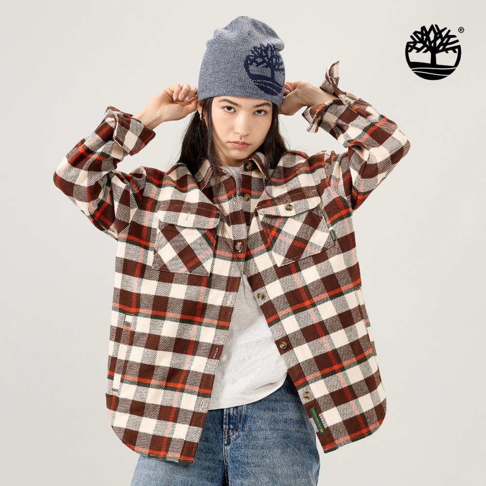 Timberland 女款棕白色寬版格紋襯衫外套｜0YH56V09