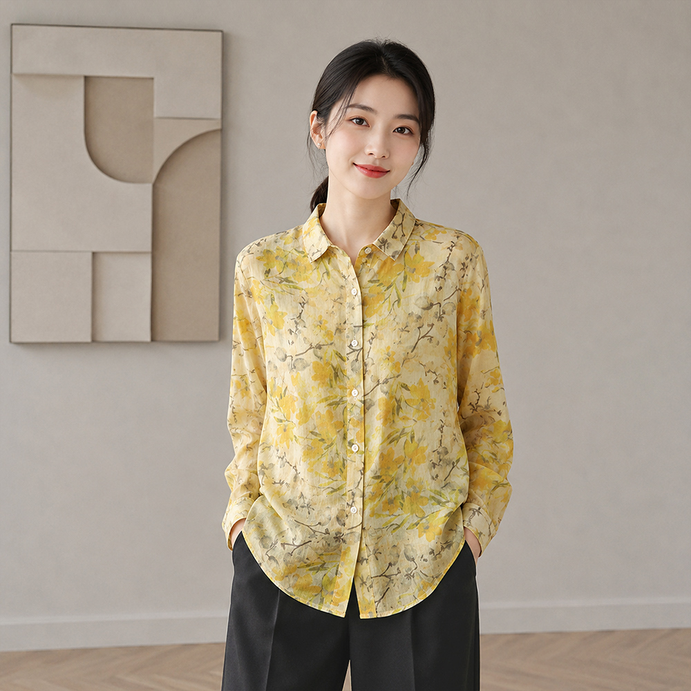 KissDiamond 暖陽花卉棉麻襯衫(襯衫/棉麻上衣/長袖上衣/KDTQ-1840)
