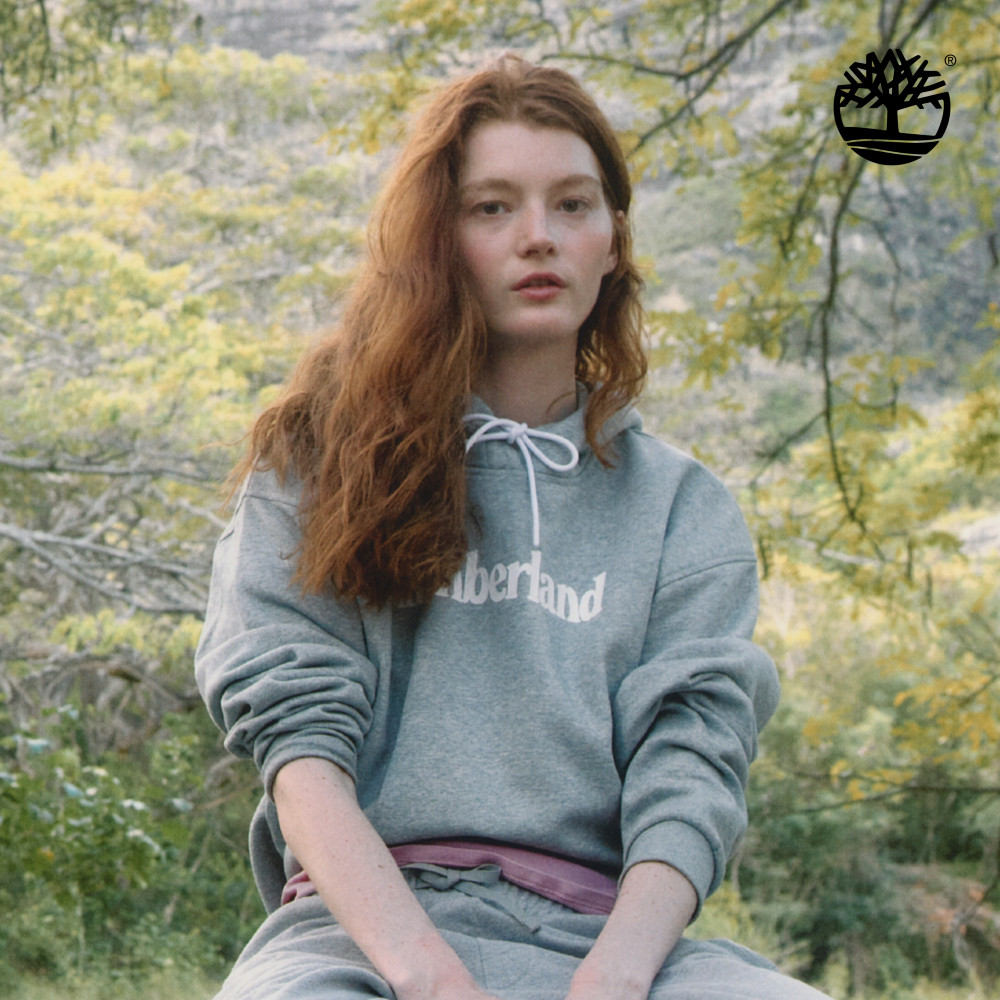 Timberland 女款灰色寬版LOGO連帽上衣｜A645Y052