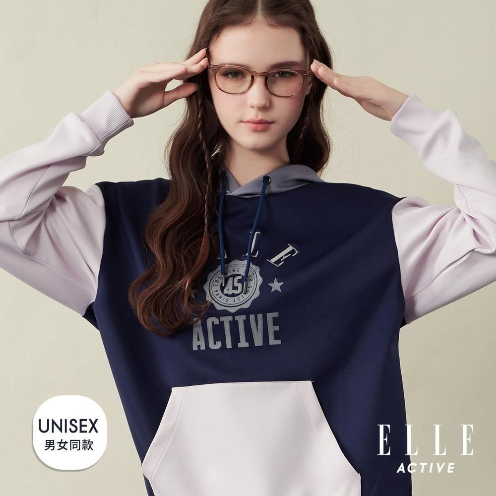 ELLE ACTIVE 男女共款 學院風拼接印花連帽長袖T恤-深藍色 (EA25A2F1403-39)