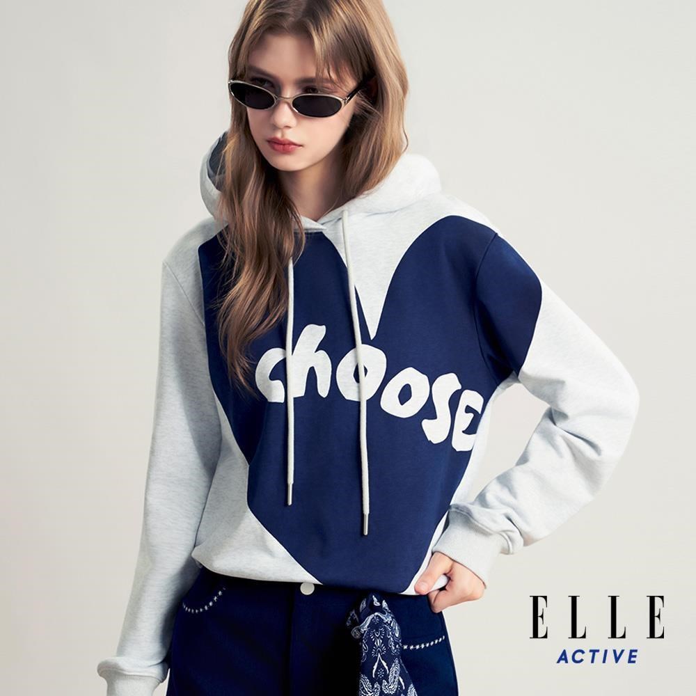 ELLE ACTIVE 女款 愛心印花保暖連帽長袖上衣-麻花灰 (EA26A2W1407-93)