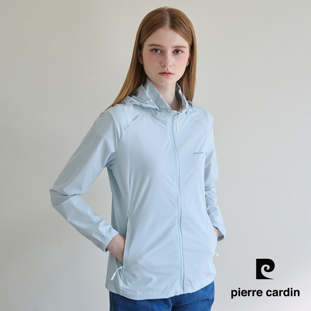Pierre Cardin 皮爾卡登 女款 涼感透氣防曬抗UV彈力可拆式連帽夾克外套-天藍色 (6257691-42)