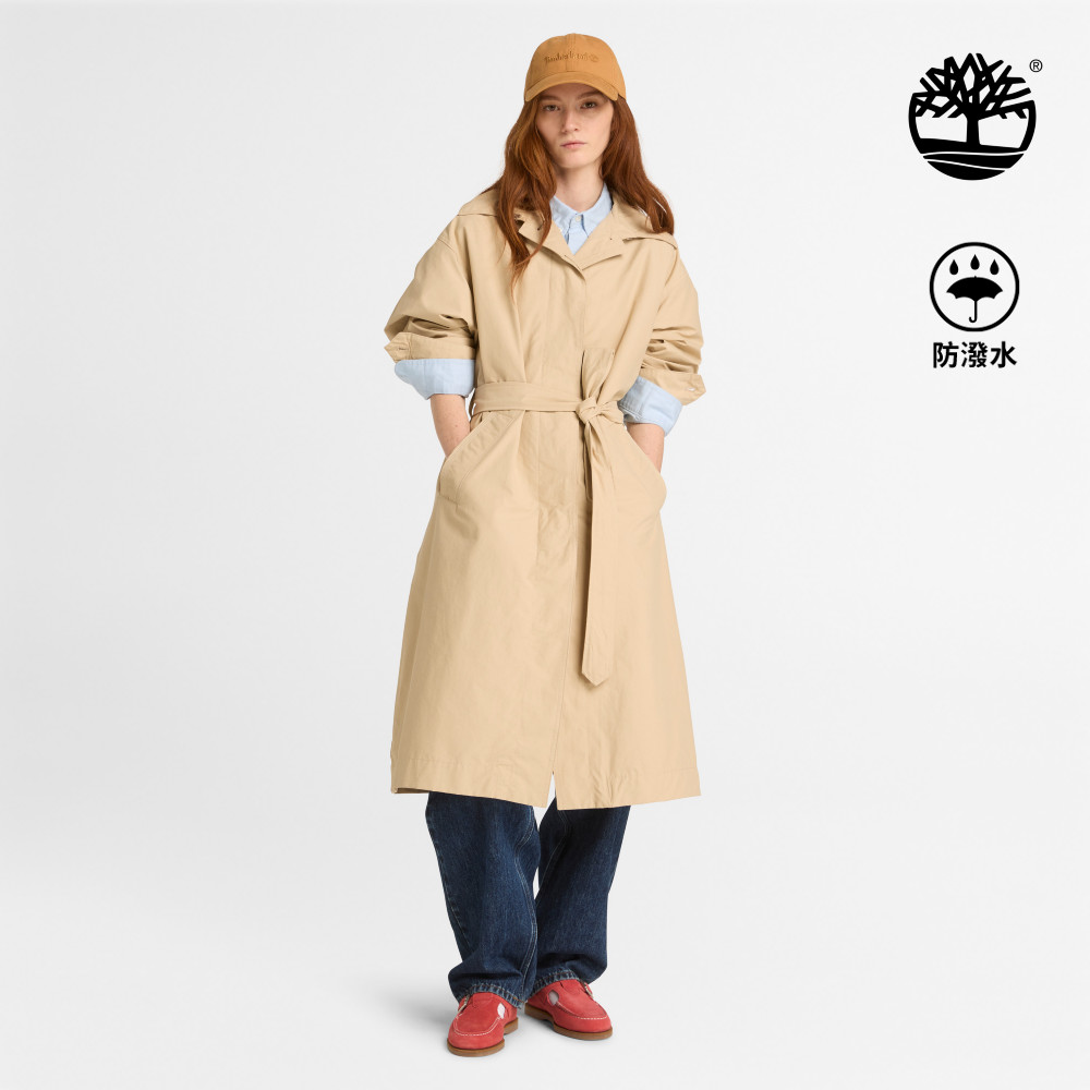 Timberland 女款米色防潑水長版風衣外套|A42BFY94
