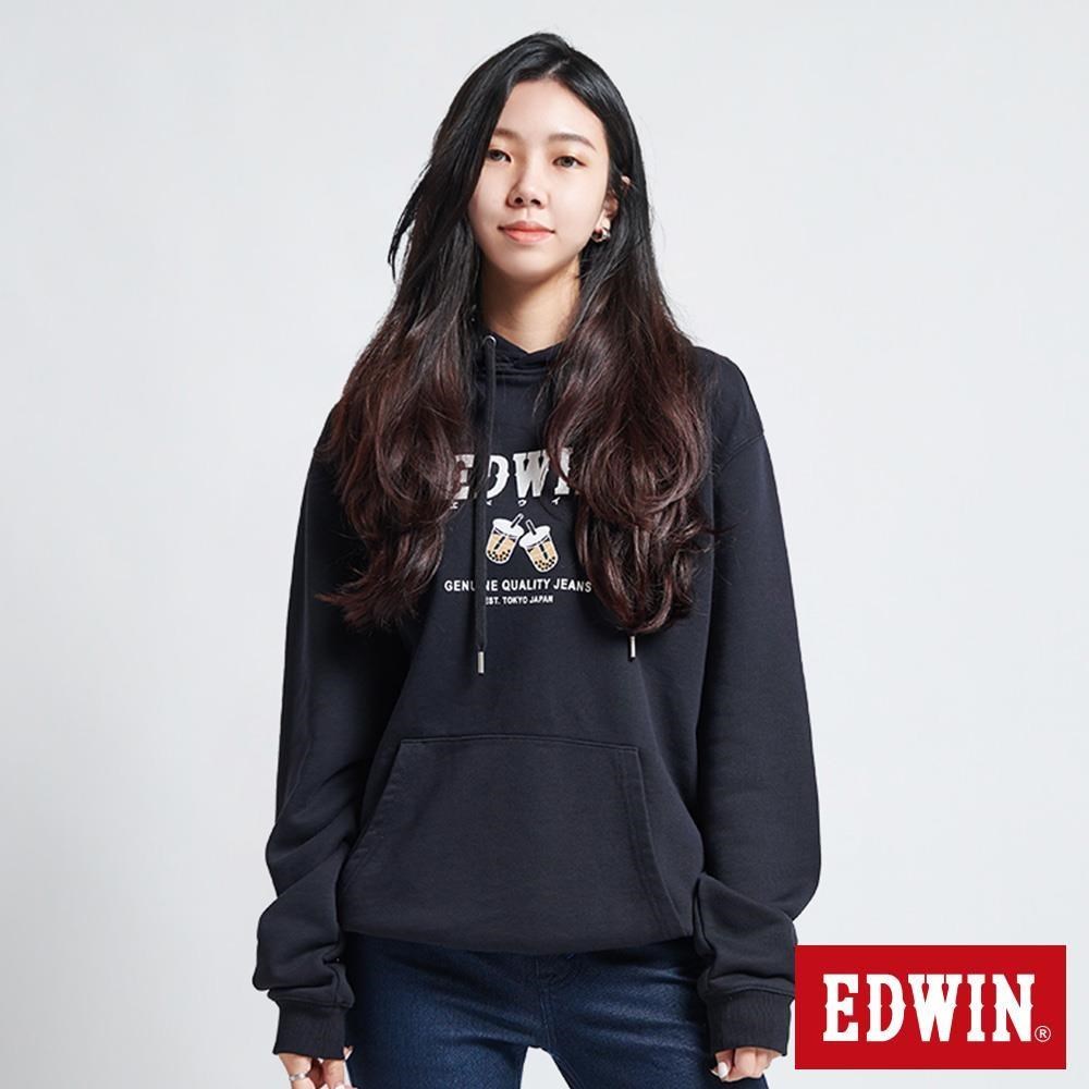 EDWIN 男女裝 東京散策系列 珍珠奶茶連帽長袖T恤 (黑色)
