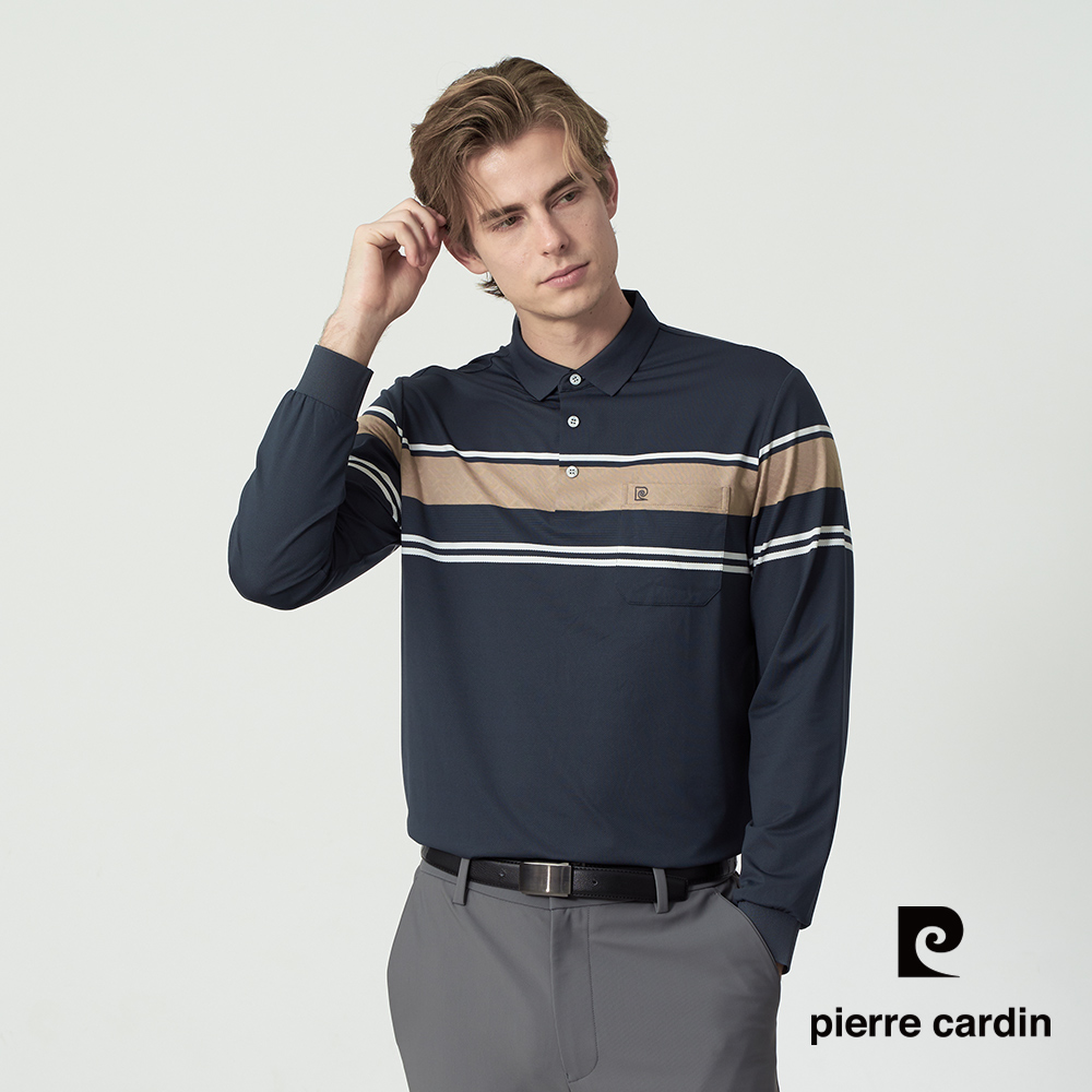 Pierre Cardin 皮爾卡登 男款 撞色條紋拼接長袖POLO衫-藍色 (5255203-39)