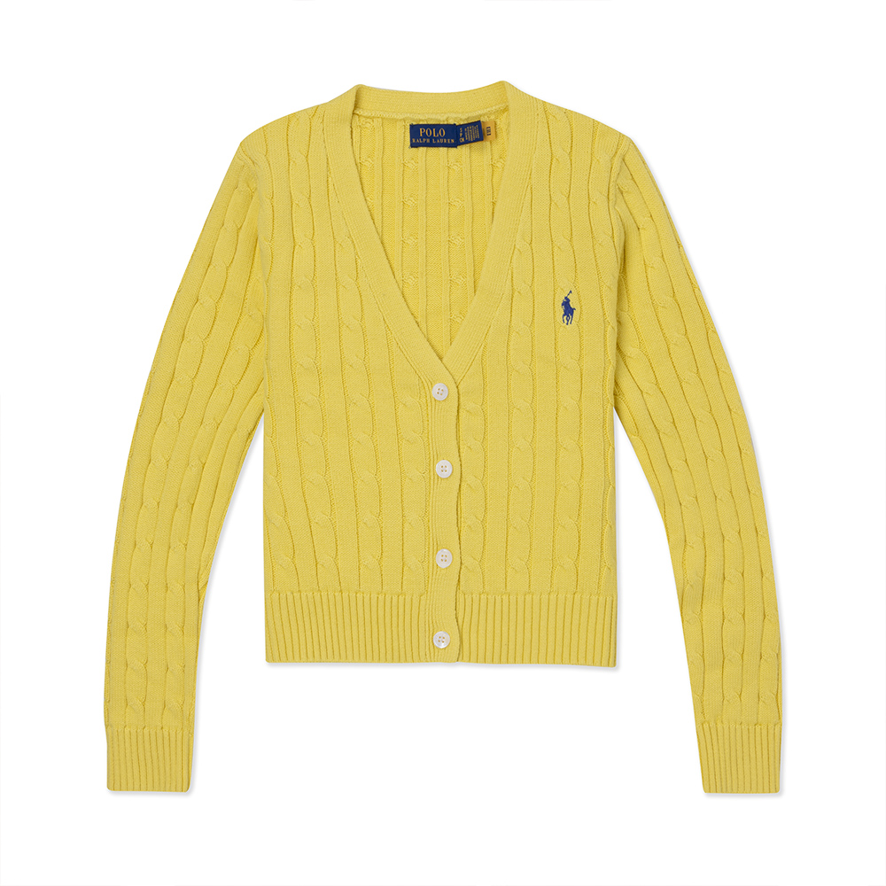 RALPH LAUREN POLO 熱銷V領刺繡小馬麻花開襟外套(女)-黃色