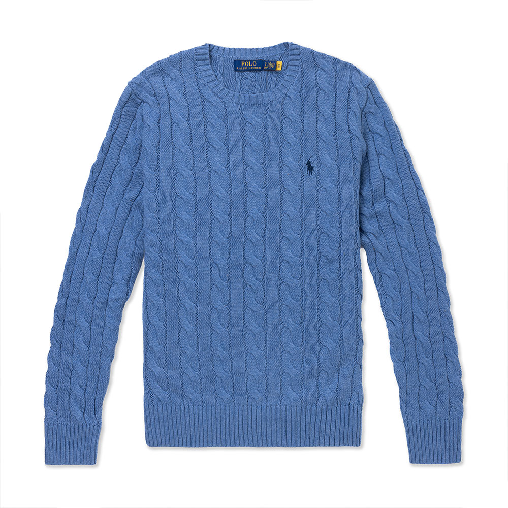 RALPH LAUREN POLO 熱銷圓領刺繡小馬麻花毛衣-水藍色